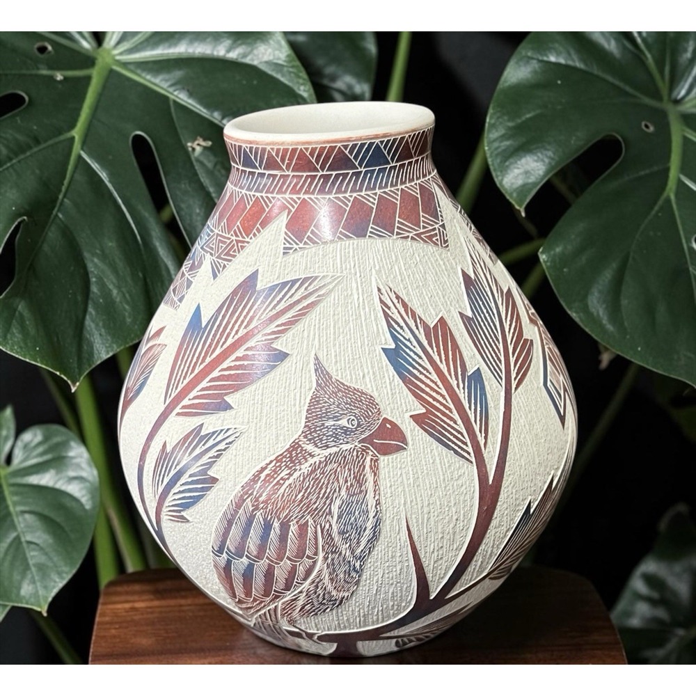 Mata Ortiz Pottery‎ Hector Quintana Cardinal Plants Floral Jar Vase Mexican Art